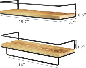 Floating Shelves for Wall Set of 2, Wall Mounted Storage Shelves with Metal Frame and Towel Rack (Wood)