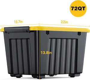 72 Quart Plastic Storage Bin, Stackable and Nestable Storage Boxes with Yellow Lids and Secure Latching Buckles, Yellow