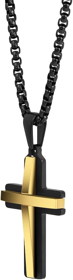 Stainless Steel Double Layer Cross Pendant Necklace for Men, 24" Box Chain, Black and Gold