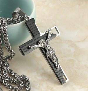 Men's Stainless Steel Cross Crucifix Bible Prayer Pendant Necklace 22+2" Chain, Black