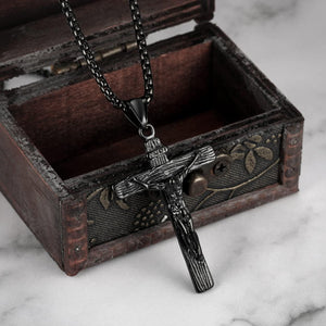 Jesus Christ on INRI Crucifix Cross Pendant Necklace for Teens Womens Mens with 24 Inch Stainless Steel Chain, Black