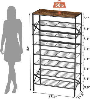 8-Tier Tall Shoe Rack Organizer Shoe Storage for Entryway 24-32 Pairs Metal Shoe Rack , Rustic Brown