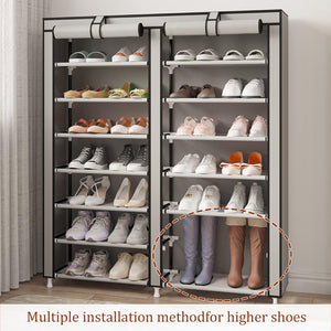 Double Row Portable Nonwoven Fabric Cover Shoe Rack Holds up to 28 Pairs 36.2 x 11.2 x49.2 Inches Grey