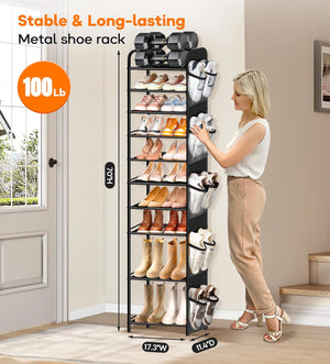 10 Tier Tall Narrow Shoe Rack for Closet, Holds 25 Pairs Boots & Shoe Storage Organizer