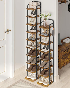 Vertical Shoe Rack, Shoe Shelves, Wood Shoe Organizer for Closet Adjustable, with 2 Hooks, 10 Tier Rustic Brown