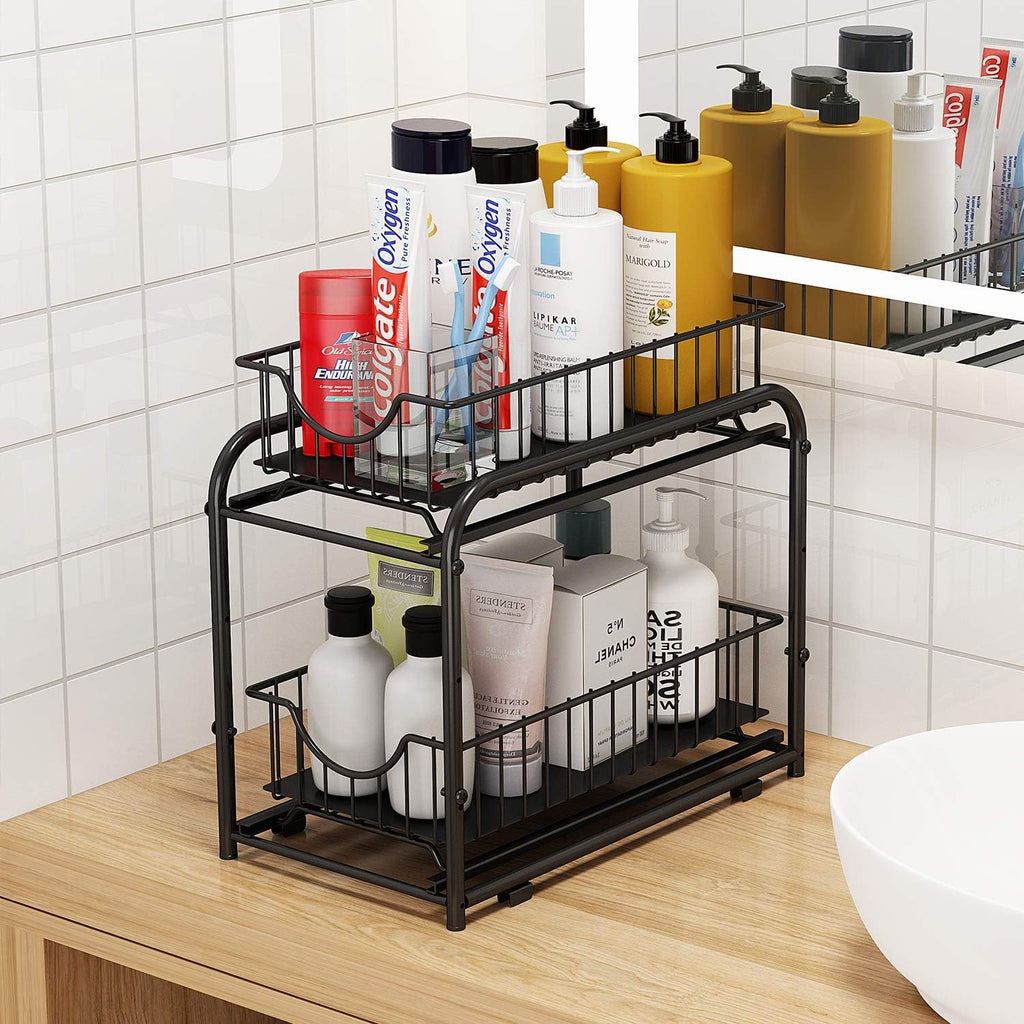 Pull-out Cabinet Organizer, Stackable 2-tier Under Sink Rack with Sliding Storage Drawer for Pantry and Desktop