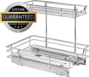 2 Tier slide out Cabinet Organizer With Sliding Drawers For Inside Cabinets- 11"W x 18"D x 15”H, Chrome