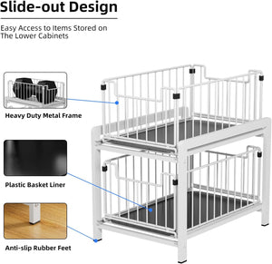 2 Tier Sliding Basket Drawer Organizer, Pull Out Under Sink Cabinets Organizer, Metal Home Organizer Shelf, White