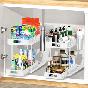 2 Pack Double Sliding Under Sink Organizers and Storage,2-Tier Pull Out Under Sink Organizer with Hooks and Hanging Cup