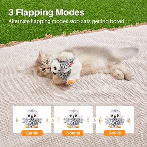 Flapping Owl Cat Toys (No Flying), Lifelike Bird Chirp, Rechargeable Touch Activated Kitten Toy, Owl