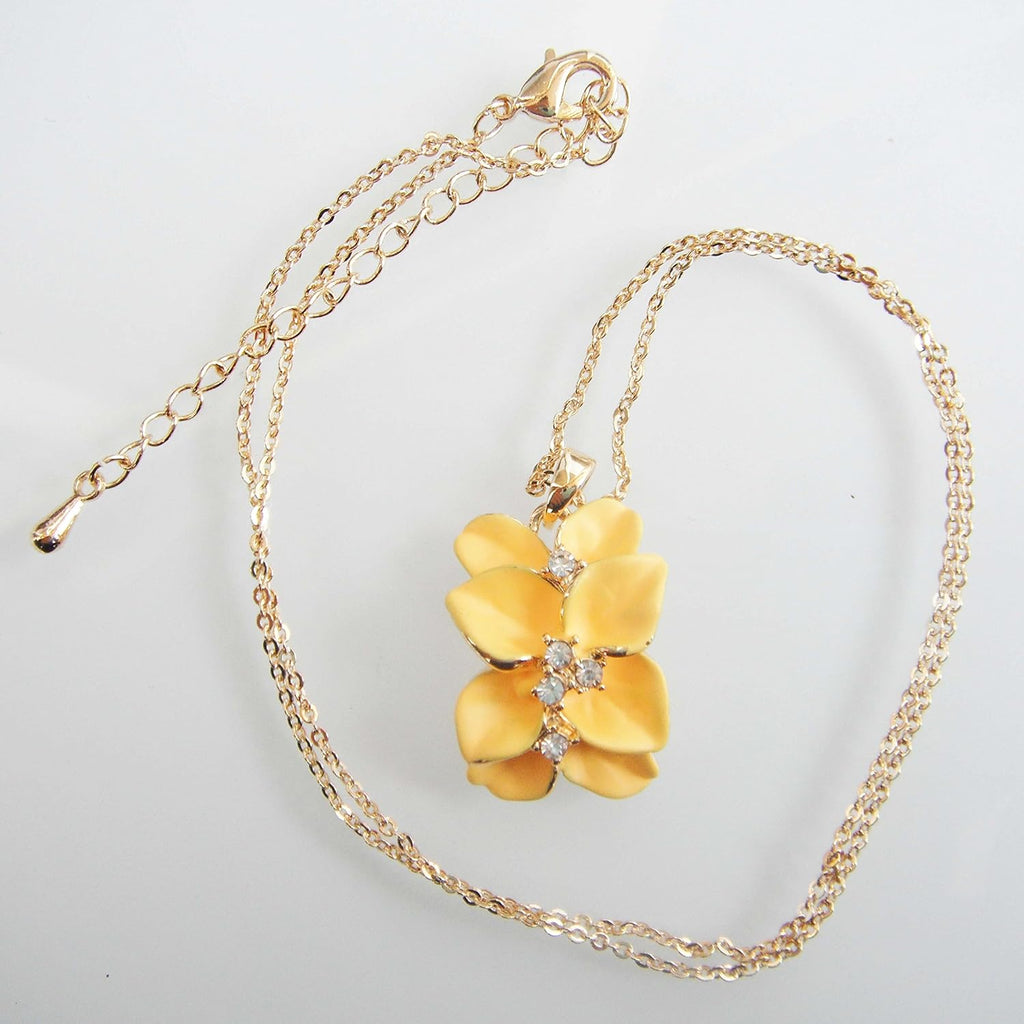 18k Gold Plated Clear Crystal Enamel Leaves Flower Pendant Necklace 16"+2", Yelllow