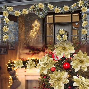 15 PCS Gold Poinsettia Flower Artificial Poinsettia with Clips Christmas Decor Glitter Ornaments