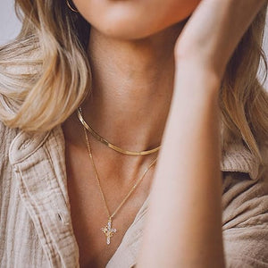Paved Cross Rotated Crown Necklace for Women, Dainty Diamond Cross Cute Gold Jewelry Set