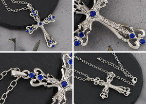 Womens Black Silver Clear Crystal Rhinestones Celtic Holy Cross Pendant Necklace