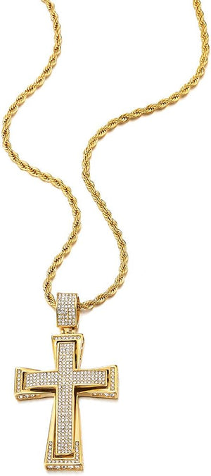 Mens Womens Large Steel Cross Pendant Necklace with Cubic Zirconia and Wheat Chain, Gold