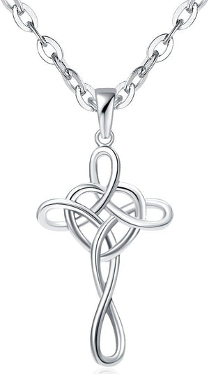 Stainless Steel Love Knot Heart Shaped Cross Pendant Necklace, Silver