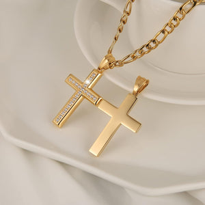 24K Gold-Plated Solid CZ Cross Necklace for Men Women Stainless Steel Religion Jewelry with 24 Inch Figaro Chain