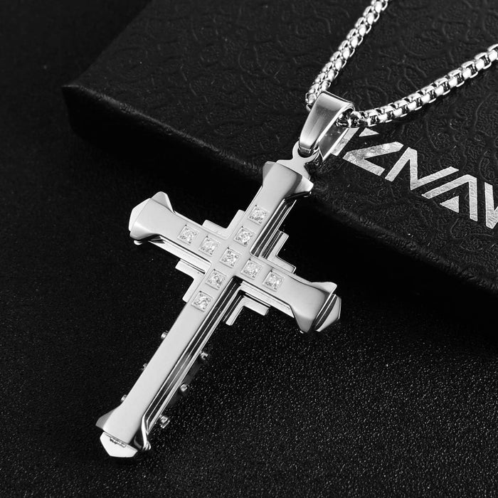 Men's Large Byzantium Stainless Steel Cubic Zirconia Cross Necklace Pendant 22 + 2 Inch Chain, SIlver