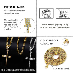 14K Gold Plated Large Nail Cross Chain Iced out CZ Pendant Hip Hop Jewelry for Women with Stainless Rope Chain