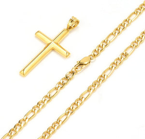 Stainless Steel Figaro Necklace,18K Gold Plated Cross Pendant Chain,18-24 IN with Flannel Bag