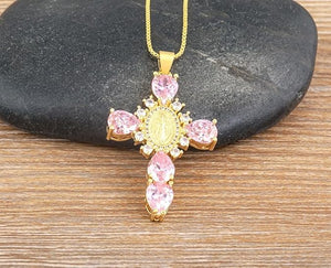 Zircon Cross Necklace For Women Choker Charm Virgin Mary Pendant Box Chain Female Jewelry, Pink