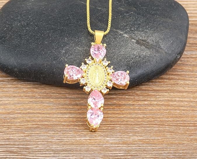 Zircon Cross Necklace For Women Choker Charm Virgin Mary Pendant Box Chain Female Jewelry, Pink