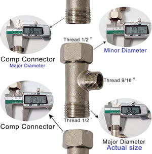 Bidet T Adapter - T Valve Adapter for Bidet (Thread Size 1/2″ x 1/2″ x 3/8" or 9/16″), Brass Coated Nickel