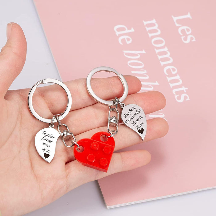 Brick Matching Couple Heart Keychain for Boyfriend Girlfriend Valentines Day Stuff Him Friends Love Set Gifts, Red