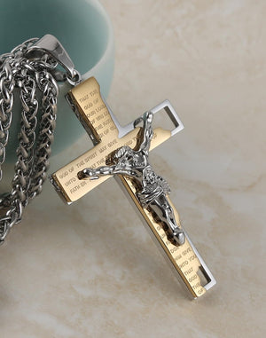 Men's Stainless Steel Cross Crucifix Bible Prayer Pendant Necklace 22+2" Chain, Gold