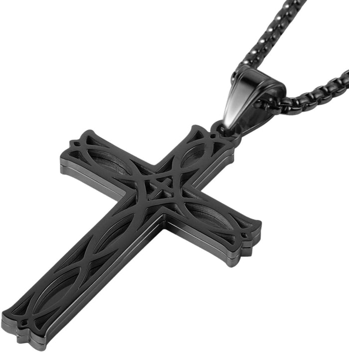 Men's Stainless Steel Infinity Celtic Cross Irish Knot Pendant Necklace, 22+2" Link Chain, Black
