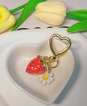 Cute Strawberry Keychain for Women, Girls Bag Charm Key Chain Accessories, Heart Flower Keychains for Purse, Clear Red