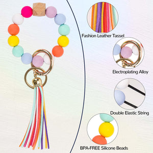 Silicone Key Ring Bracelets Wristlet Keychain Car Beaded Key Ring Bangle Chains for Women, Rainbow