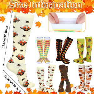 6 Pairs Fall Socks Thanksgiving Compression Socks Autumn Socks for Women Men with Turkey, Maple, 6 Design