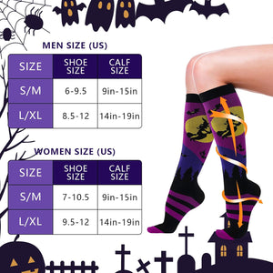 2 Pairs Witch Bats Knee High Socks, Trick or Treat Compression Stockings 15-20 mmhg