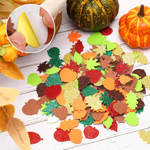 Fall Leaf Foam Sticker, 300Pcs Autumn Thanksgiving Glitter Maple Leaves Self Adhesive Foam Stickers