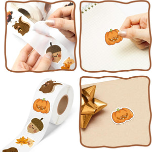 600Pcs Fall Stickers Roll of 8 Cute Pumpkin Maple Leaves Animals Self Adhesive Labels Decals Seasonal Harvest Envelope Seals