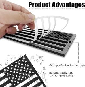 USA Embossed Stainless Steel Metal Flag for Cars Trucks (3.12" x 2", Black & Chrome set Left & Right)