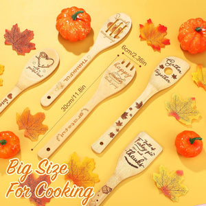 7 Pcs Thanksgiving Kitchen Decor Set, Including 2 Pcs Friendsgiving Kitchen Towels Funny Dish Towel and 5 Pcs Wooden Spoons