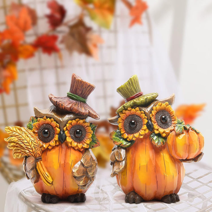 Owl Sculpture - Resin Thanksgiving Decor, Handmade Fall Centerpiece in Country Style, 2 Pieces