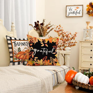 Fall Decorative Throw Pillow Covers 20 x 20 Inch Set of 4, Thankful Grateful Blessed Harvest Pumpkin Gnome Thanksgiving