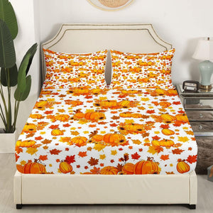 Fall Pumpkin Bed Sheets King Autumn Maple Leaves Bedding Set Thanksgiving Harvest Season Decor Sheet Set