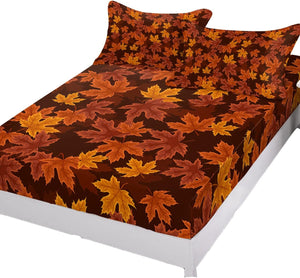 Autumn Maple Leaves Fitted Sheet Set for Queen Size Bed 3 Pieces Bedding Sheets-Deep Pocket Bedsheet Fits Mattress Upto 16"