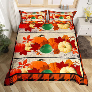 Pumpkin Bedding Duvet Cover Set Geometric Plaid Bedding Set Boys Girls Fall Pumpkin Festival Decor Comforter Cover Set