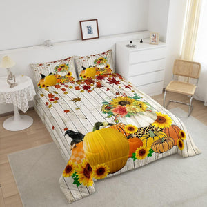 Pumpkin Comforter Set Thanksgiving Autumn Sunflowers Comforter for Boys Girls Leopard Stripes Bedding Set