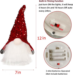 12" Lighted Christmas Gnome, Handmade Sequins Hat Scandinavian Swedish Tomte, Light Up Plush Elf Toy Holiday Present