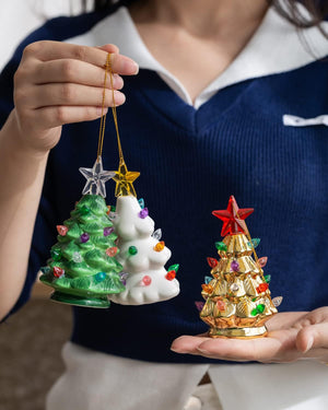 Set of 3 Mini 4.5" Inch Nostalgic LED Ceramic Christmas Tree with Lights Xmas Tree That Light Up Hanging Ornaments