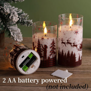 Red Buffalo Plaid Christmas Flameless Candles with Remote, Flickering LED Pillar Candles in Glass, Set of 3