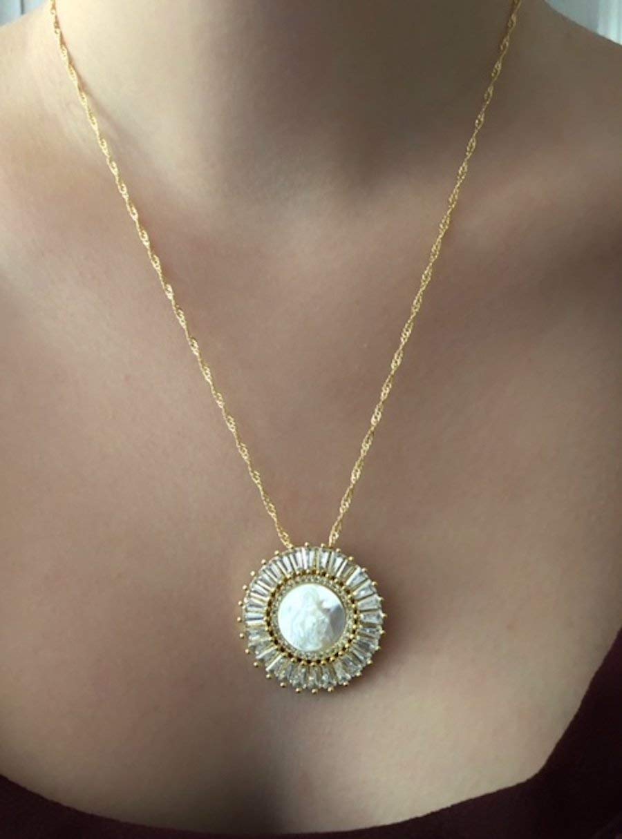 Miraculous Medal Mother of Pearl Pendant 19 Inches Chain Necklace