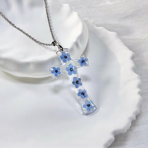 Cross Necklace for Women Girls,Forget-Me-Not Pressed Real Flower Necklace, Silver 18"