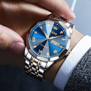 Watch for Men Diamond Business Dress Analog Quartz Stainless Steel Waterproof Luminous Date Two Tone Luxury Casual Wrist Watch, Blue